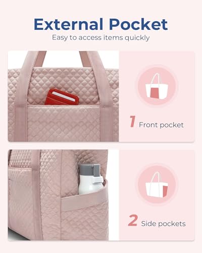 BAGSMART Crush Tote Bag for Women, 20L Puffer Work Tote with Zipper, Travel Essentials Quilted Nurse Hospital Bag - color: Pink