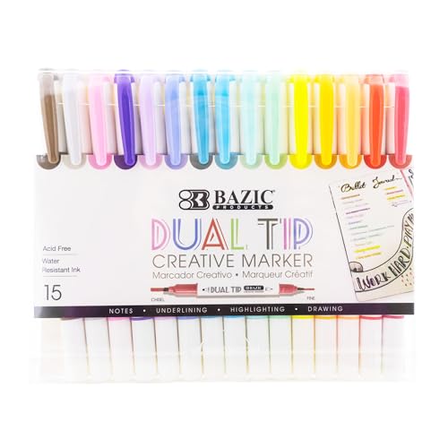 BAZIC Products Dual Tip Creative Markers Set, Broad & Fine Point Tips Highlighter, 15 Colors Art Marker Pens for Hand Lettering Notes Journaling Drawing, 1-Pack