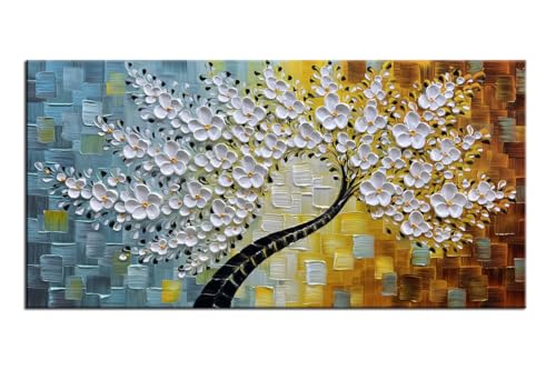 YaSheng Art-Handmade White Flower Contemporary Art Oil Painting On Canvas 3D Texture Abstract Tree Paintings Modern Home Bedroom, Dining Room, Wall Art Decor Ready to Hang20x40inch - color: YS-0010, size: 40"L x 20"W
