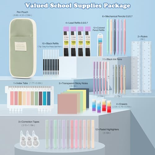 MoKo Pencil Case with Supplies, 60Pcs Aesthetic School Set, Green | Includes highlighters, gel and ballpoint pens, mechanical pencils, refills, sticky notes, correction tapes and rulers. - color: Green-60P