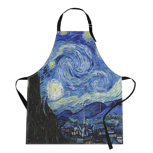 Apron with Pockets, 32x28 inch, for Women Men, Blue | Starry Night Oil Painting Waterproof Adjustable Bib Aprons for Kitchen Cooking Baking Painting Gardening - color: Van Gogh Oil Painting