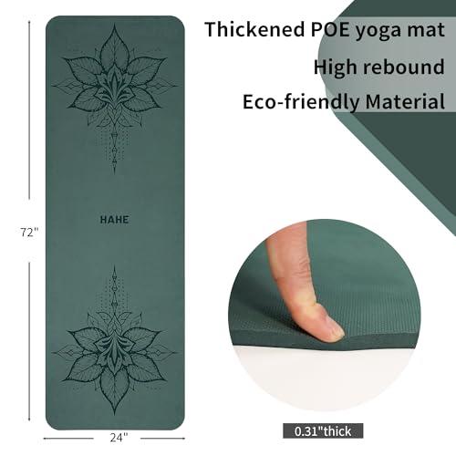 HAHE Yoga Mat Thick (8MM,1/3"), Eco-Friendly POE Non Slip Yoga Mat, High Rebound & Shock Absorption, Anti-Tear & Sweat-Resistant for Yoga, Fitness, Home, Workouts, Large Pilates Mats 72"x24" with Carrying Strap - color: blackish green