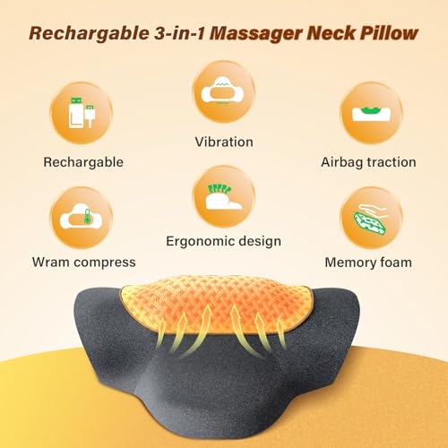 Rechargeable 3-in-1 Neck Massager Pillow with Heat,Vibration & Air Traction