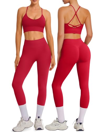 OMKAGI Padded Workout Sets for Women Cross Back Tank Gym Leggings Outfits - color: 772-carmine Red, size: Small