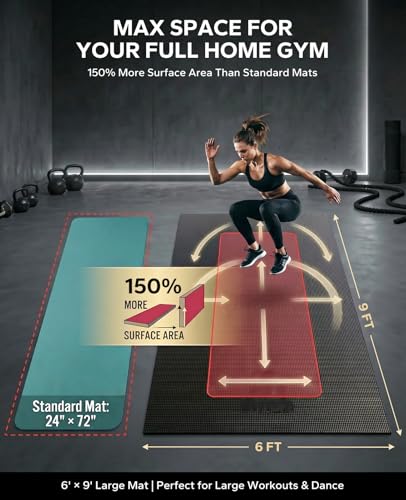 HAPBEAR Large Exercise Mat-6'x4'/7'x5'/6'x8'/6'x9'/6'x10'/6'x12'x 1/3"(8mm) - color: Black-High Density 6'×9'×⅓"