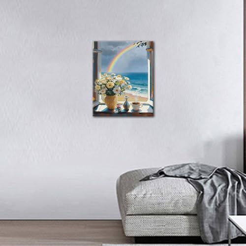 TUMOVO Paint by Numbers Kit for Adults, Adult Paint by Number - Window View with Flowers in Vase, Coffee Cup & Ocean, Coastal Decor Framed Canvas Art, 16x20 Inch - color: Ocean View(Framed)