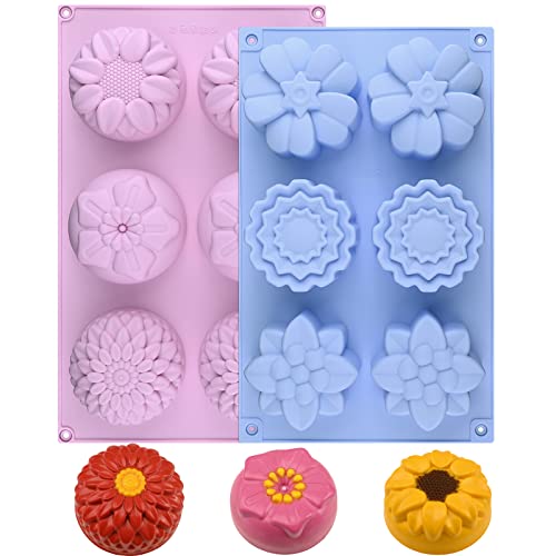 Sakolla 2 Pack Silicone Soap Molds, 6 Cavities Different Flower Shapes Silicone Mold, Perfect Making for Soap, Lotion Bar, Bath Bombs (Pink + Blue) - color: Flower/Pink & Blue