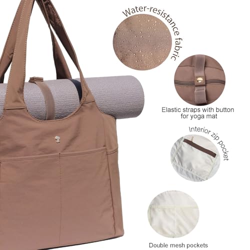 ESVAN Yoga Tote Bag Mat bag Women Shoulder Bags Carryall Tote for Travel Office Workout Gym Nurse Beach - color: Nylon Coffee