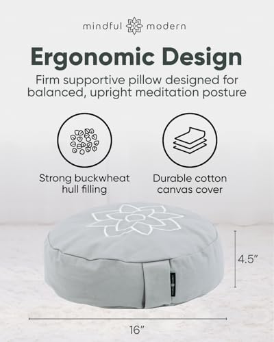 Mindful & Modern Large Meditation Cushion for Zafu Yoga - Meditation Pillow for Sitting on the Floor - Buckwheat Hull Filled Yoga Cushion with Removable, Washable 100% Cotton Cover and Carry Handle - color: Round - Grey
