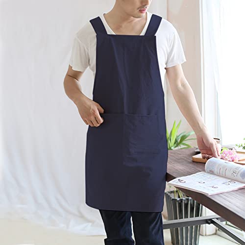 NEWGEM Japanese Cotton Linen Cross Back Cooking Apron for Women Men with Pockets Cute for Baking Kitchen - color: 13 - Men's Navy