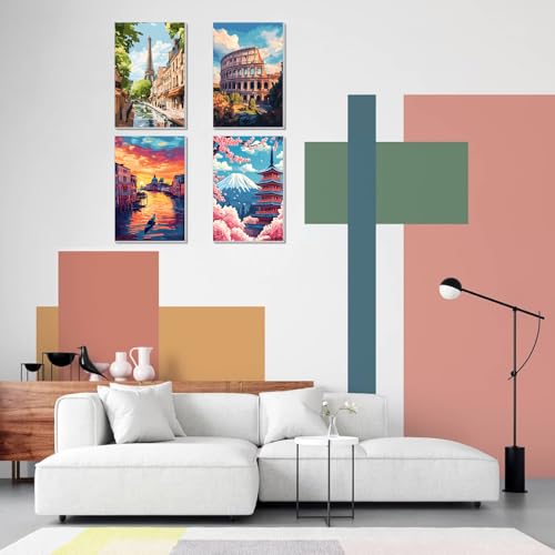 obterie 4 Pack Framed Paint by Numbers Kit for Adults Beginner Canvas Painting by Numbers for Adults Landscapes Easy Adult Paint by Number Kits with Frame City Watercolor Painting by Number 8x12 Inch - color: YFc0104