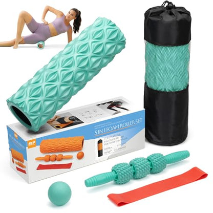 5 in1 Foam Roller Set High Density 15" Foam Roller for Muscle Recovery | Deep Tissue Muscle Massage Foam Roller for Exercise, Massage Roller, Massage Ball, Stretching Strap, for Whole Body Aqua - color: Pure Turquoise