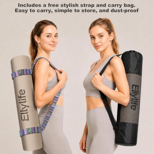 Yoga Mat - Non Slip Natural Rubber Yoga Mat, Alignment Lines, Ultimate Grip | Anti-Tear, Durable & Thick 5mm, Skin-Friendly with Free Carry Strap, Bag, for Yoga, Pilates Fitness and Floor Exercises - color: Beige