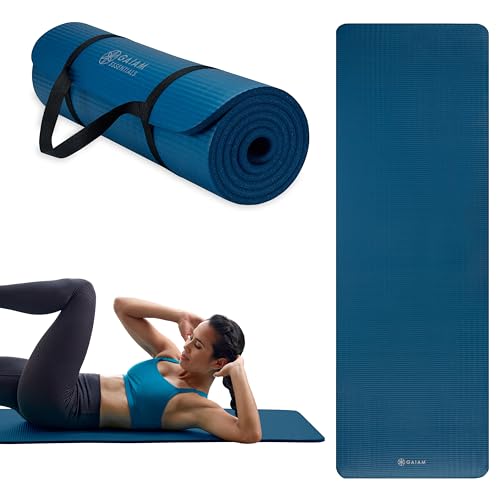 Gaiam Thick Yoga Mat, Exercise & Fitness Mat with Easy-Cinch Carrying Strap | Non-Slip NBR Foam | Joint Cushioning | Yoga, Pilates, Fitness & Floor Workouts | 72"L x 24"W - color: Navy, size: 2/5" (10MM)