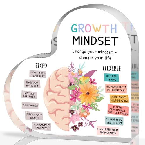 Growth Mindset Decor, Mental Health Therapy Office School Art Educational Challenging Thoughts Affirmation Decorations Positive Sayings Inspirational Gifts Acrylic Heart Inspirational Gift for Teacher - color: 025