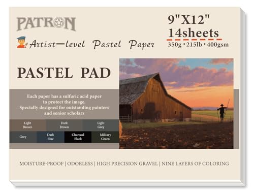 (14 Sheets) PATRON Pastel Paper Pad for Artists, Assorted Colors, 9x12 inches, (215lb/400gsm) 14 Sheets, Art Drawing Paper for Adults and Students,Glue Bound - size: 9*12 Pad （14 Sheets）