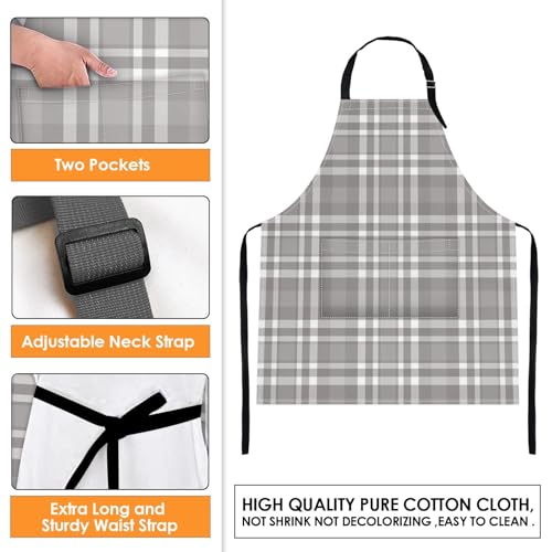 Apron with Pockets, 32x28 inch, 2 Pack, Plaid | Black Grey Grid Geometric Adjustable Bib with Pockets for Women Men Couple Lovers Chef Home Baking Gardening - color: Black Gray