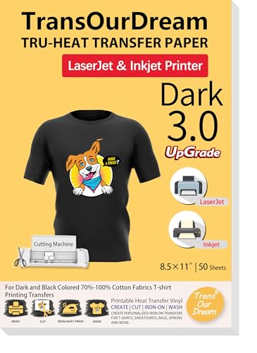 TransOurDream Heat Transfer Paper for Dark Fabric (50 Sheets, 8.5x11", Dark 3.0) Printable Iron on Transfers for Inkjet & LaserJet Printer, Printable Heat Transfer Vinyl for Tshirts - color: Dark, size: 50 Sheets