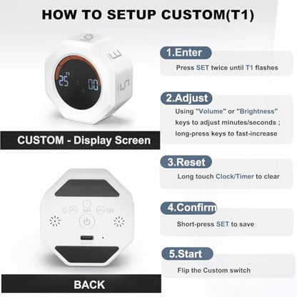 Small Productivity Timer, Pomodoro Timer with 5 Presets (White) | 3/5/10/25/60 Min Presets & Custom Countdown, Magnetic Rechargeable Digital Clock for Desk, Study, Work and Games - color: White
