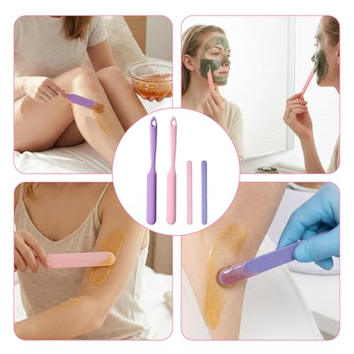 6 PCS Non-Stick Wax Spatulas Set, Silicone Wax Applicator Different Sizes Scrapers Reusable Silicone Stirring Stick For Home Salon Body Use (Pink&Pruple)