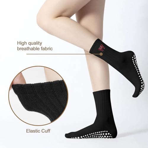 Women's Pilates Grip Socks, Ruffle Non Slip Bow Pattern Yoga Socks | Grippy, Frilly Trim, Embroidery, Crew Length, Soft Cotton, Arch Support, for Barre Ballet Dance Workout Hospital Home Gifts - color: C07-black (Red Bow)*2