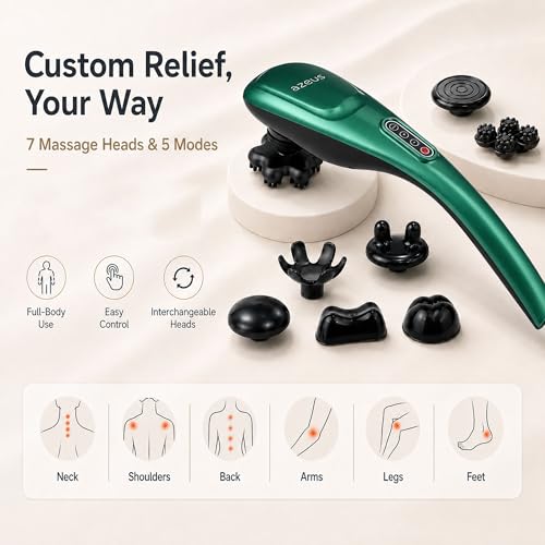MEGAWISE Cordless Handheld Back Massager w/Rechargeable 3200mAh Battery, 5 Speed and 5 +2 Massage Nodes with Hard, Medium and 2 Soft Silicone Nodes; Massage While Moving Around (Dark Green) - color: Dark Green