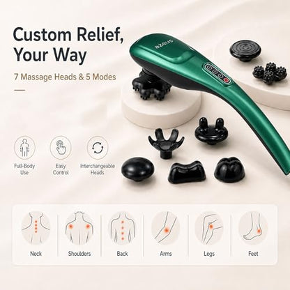 MEGAWISE Cordless Handheld Back Massager w/Rechargeable 3200mAh Battery, 5 Speed and 5 +2 Massage Nodes with Hard, Medium and 2 Soft Silicone Nodes; Massage While Moving Around (Dark Green) - color: Dark Green
