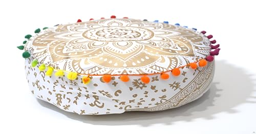 CK 16 Inch Round Mandala Floor Cushion Cover, Bohemian Ottoman Pouf Cover, Cotton Floor Pillow Cover with Gold Floral Print, Decorative Meditation Cushion Case for Living Room, Bedroom (Cover Only) - color: White Gold, size: 16"D x 16"W x 5"H