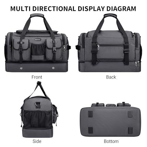 WITZMAN Duffle Bag for Men 55L Nylon Travel Weekender with Shoe Compartment - color: Silvery Grey