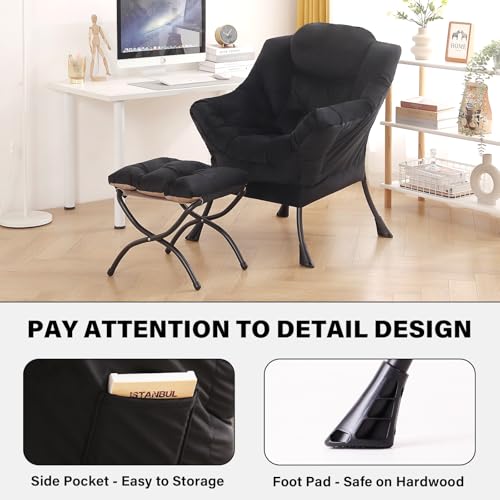 Tiita Lazy Chair with Ottoman, Comfy Reading Accent Chair, Velvet Black | Foldable Footrest, Padded Seat and Backrest, Side Pocket for Lounging in Living Rooms, Bedrooms, Dorms and Small Spaces - color: Black