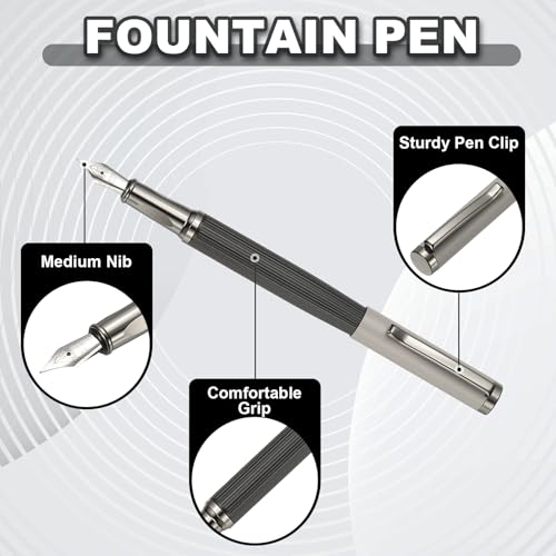 PATIKIL Fountain Pen Medium Nib, Metal Fountain Pen Barrel Handcrafted Pen for Professional Office Journaling Gifts, Gray - color: Gray