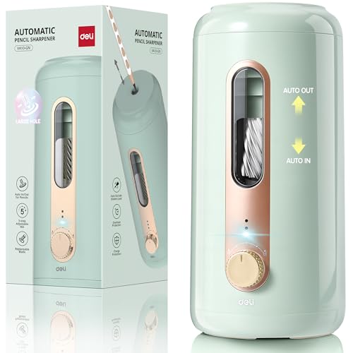 deli Electric Pencil Sharpener, Fully Automatic Pencil Sharpener, Green | Suitable for 6.9-10.8mm Colored/Jumbo Pencils, Auto in & Out, Rechargeable Hands-Free Sharpener for Classroom Home Office， - color: Green