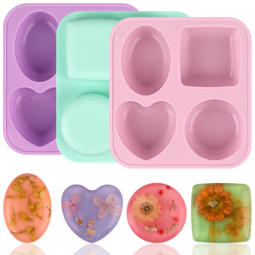 Sakolla 3 Pack Silicone Soap Molds, 4 Cavities Heart, Square, Round and Oval Silicone Molds for Handmade Soap, Candle and Mousse Cake (Pink, Green, Purple) - color: Pink Green Purple/3Pcs