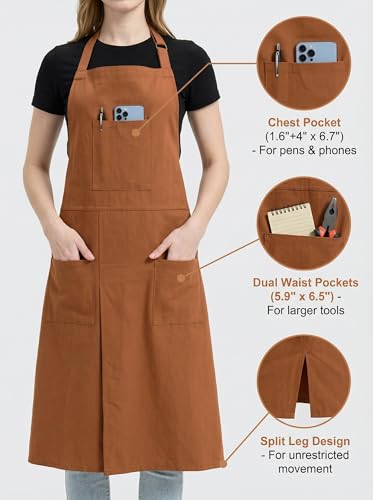 Molaxhome Split Pottery Apron with 3 Pockets Unisex with Adjustable Strap | Cotton Blend,Kitchen Apron,for Ceramics,Gardening,Kitchen Cooking - color: Brown