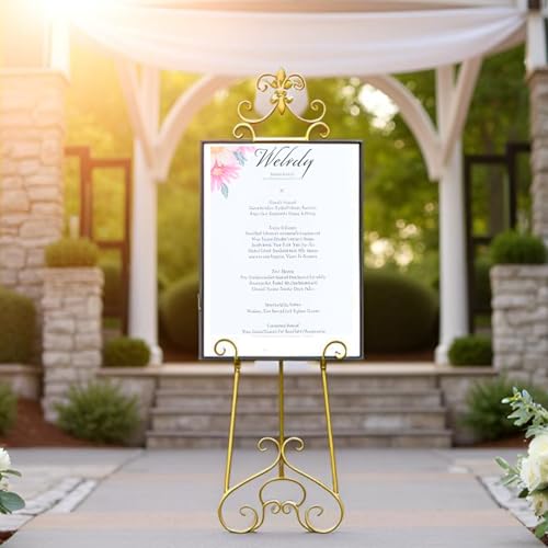 60” H Gold Easel Stand for Sign Large Adjustable Metal | Display Standing for Displaying Pictures Wedding Poster Holder Showcasing with Chain Support - color: Scrollwork Floral Top