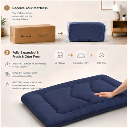 Japanese Floor Mattress,3.5" Thicken Futon Mattress Tatami Mat - color: Navy Blue, size: Twin (80”L × 39“W)
