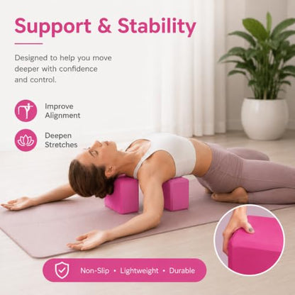 EXERZ Yoga Blocks 2 pack, Gym Blocks, Exercise Workout Fitness Bricks, Pilates Stretch Handstand Non-Slip - color: Pink