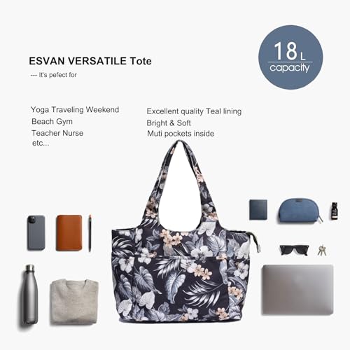 ESVAN Yoga Tote Bag Mat bag Women Shoulder Bags Carryall Tote for Travel Office Workout Gym Nurse Beach - color: Canvas Black Leaf