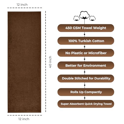 NUKURA 12” x 40” Gym Sweat Towel, 450 GSM, 100% Cotton, High Absorbency, Extra Soft & Quick Dry Workout, Yoga, Pickleball, Padel, Fitness Towel – Chocolate Brown - color: Brown
