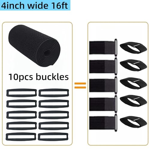 16ft 4 inch Wide Cable Straps with 10pcs Buckles, Heavy Duty Nylon Hook and Loop Straps for Fastening Securing, Reusable Cut-to-Length Straps for Organizer or Storage, Black - size: 4 in x 16 ft