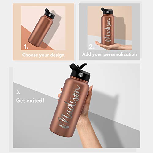 Amazing Items Personalized Water Bottle w/Straw & Lid, 18 oz - Rose Gold | Custom Stainless Steel Sports Water Bottle w/Name and Text - Double-Wall, Vacuum Insulated - Rotating Handle - color: Rose Gold, size: 18 Ounces