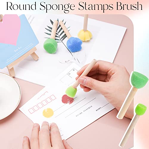 15 Pieces Sponge Stamps Kids Painting Brush with Wooden Handle Mini Cute Round and Flower Shapes for Painting, DIY, Craft, Scrapbooking, Drawing, Ink, Card Making, Multicolor