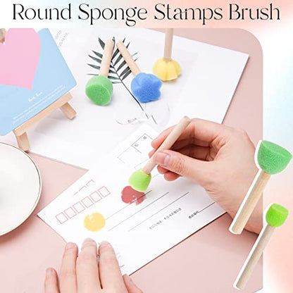 15 Pieces Sponge Stamps Kids Painting Brush with Wooden Handle Mini Cute Round and Flower Shapes for Painting, DIY, Craft, Scrapbooking, Drawing, Ink, Card Making, Multicolor
