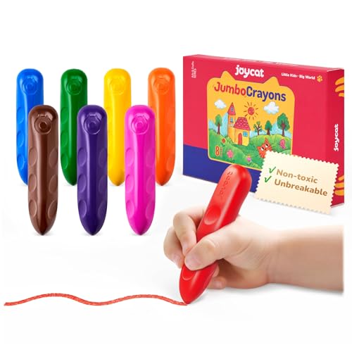 JoyCat 8 Colors Jumbo Crayons for Toddlers 1-3, Washable and Unbreakable | Easy-grip triangular shape for little hands, non-toxic natural wax and 8 vibrant colors in compact gift-box packaging.