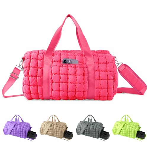Quilted Travel Duffle Bag Gym Bag for Women,Large Puffer Duffle Weekender Bag with Compartment,Workout Overnight Carry on Organizer Bag Duffle Bag for Airplane Travel(L-Rosered) - color: Rosered, size: Large