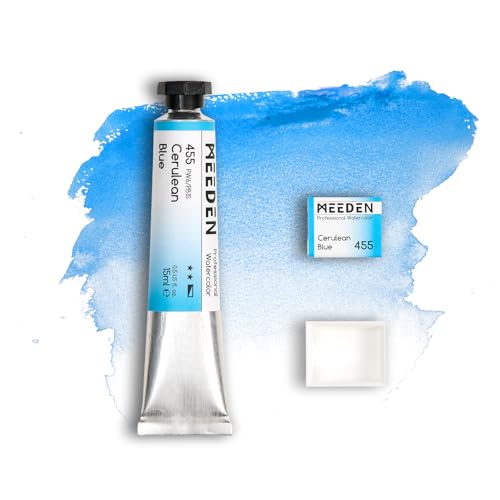 MEEDEN Professional Artist Watercolor Paint: Cerulean Blue - 15ml/0.5oz | Water Color Tube, Semi-Moist Pigment Half Pan and Empty Matching Half Pan for Artists Pros - color: Cerulean Blue
