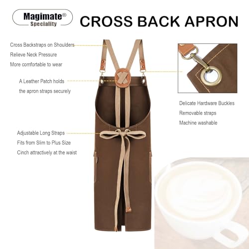Chef Apron with Cross Back Straps for Men Women, Cotton Canvas Apron for Artists Painting, Kitchen Cooking - color: Brown