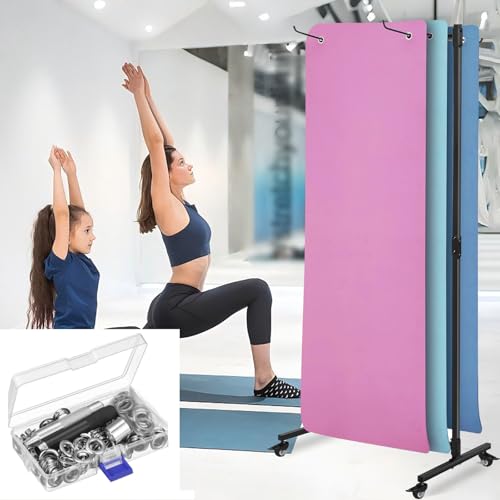 Yoga Mat Holder Hanging, Metal Double Sided Yoga Mats Storage Cart on Wheels, Floor Standing Pilates Mat Rack for Home Gym, Exercise, Yoga Studio, with Punching Tool(Black)