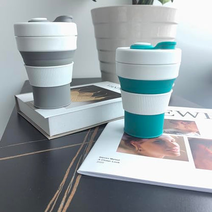 Silicone Collapsible Travel Mug Gray 15oz / 450ml - Leak-Proof Reusable Silicone Water Bottle for Hot and Cold Beverages - Travel Office and Home - Dishwasher Safe - Straw Included - color: Gray