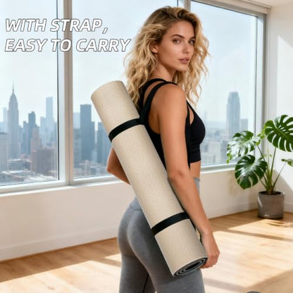 ILILI 10mm Extra Thick, TPE Yoga Mat, 76×28 Inch Extra Long, Carrying Strap - color: Beige+Black